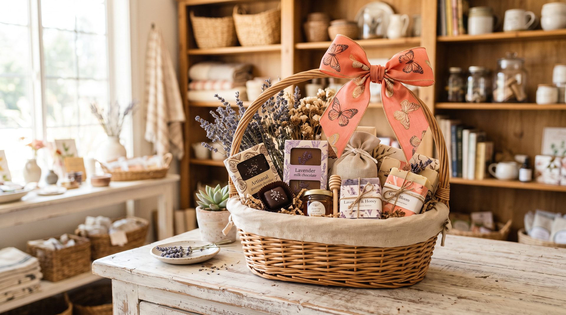 A hand-styled artisan gift basket with gourmet treats and a coral butterfly ribbon at Flutterby Treasures in Jamul, California