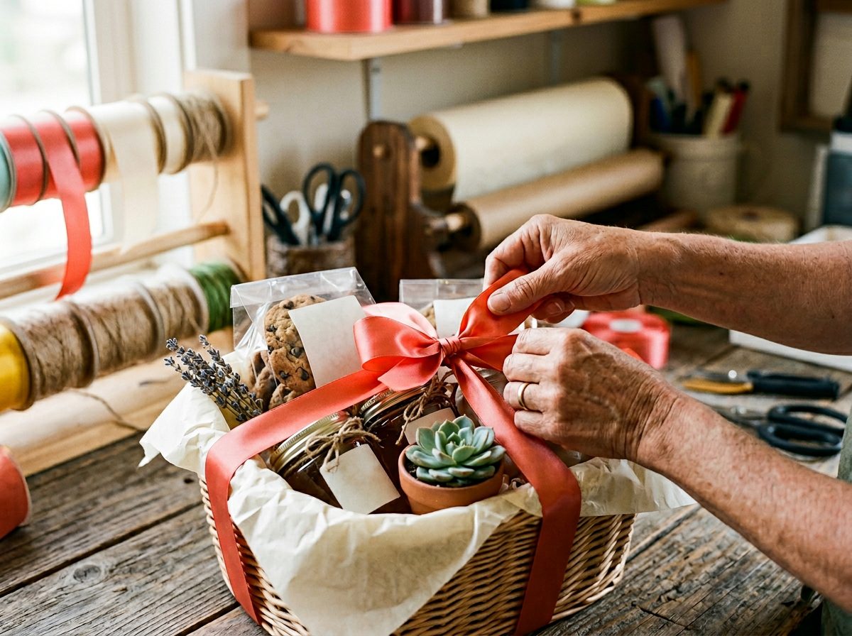 Hands tying a coral ribbon around a custom gift basket at Flutterby Treasures