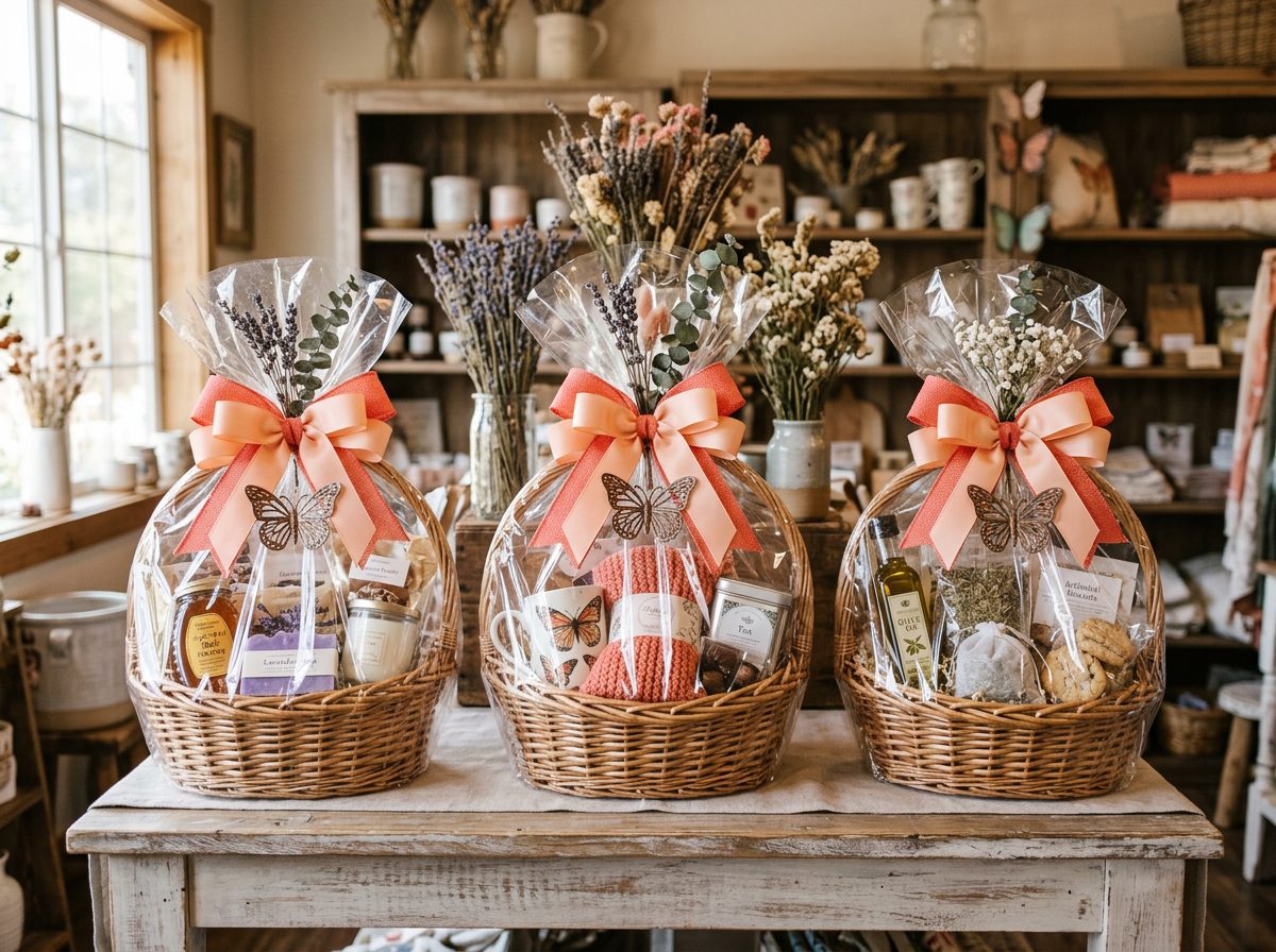 Finished cellophane-wrapped gift baskets with coral bows ready for delivery